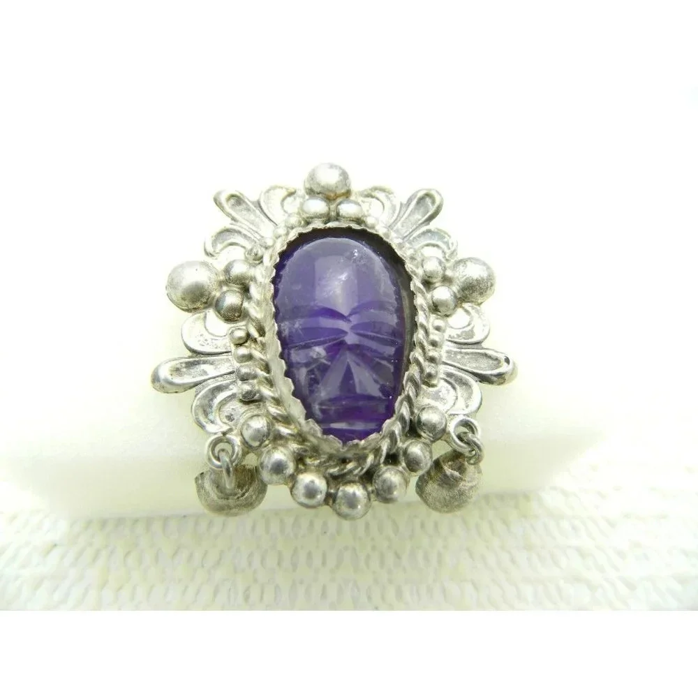 VTG MEXICAN STERLING Glass Purple Amethyst Carved Mask Dangle Pin Brooch